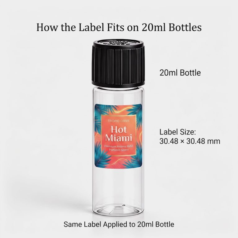 Hot Miami 20ml fragrance oil label fit on small bottle, label size 30.48 × 30.48 mm