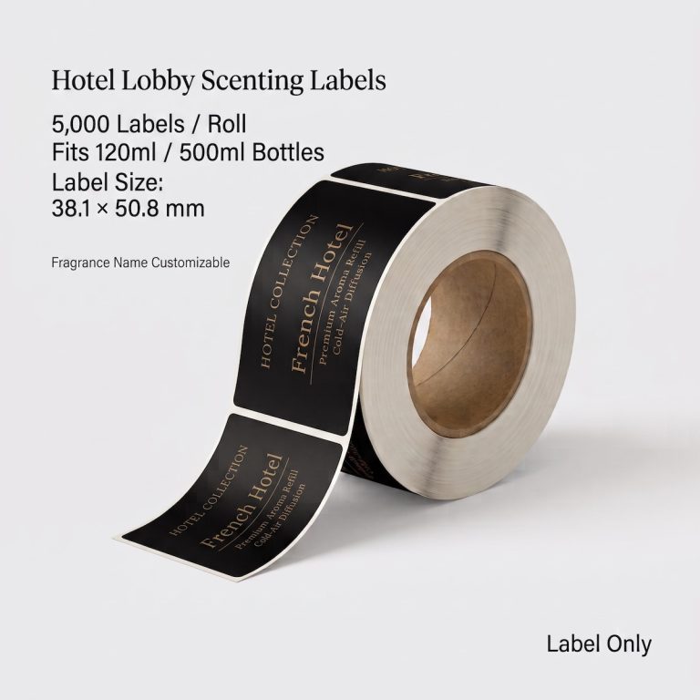 Hotel lobby scenting labels roll, 5,000 labels per roll, fits 120ml and 500ml fragrance oil bottles