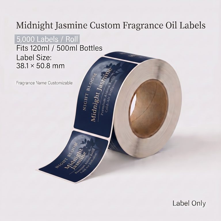 Midnight Jasmine custom fragrance oil labels roll, 5,000 labels per roll, fits 120ml and 500ml fragrance oil bottles