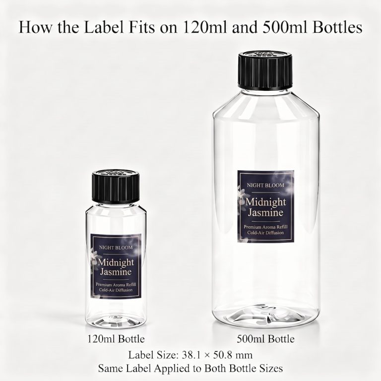 Midnight Jasmine fragrance oil label fit comparison on 120ml and 500ml bottles, label size 38.1 × 50.8 mm