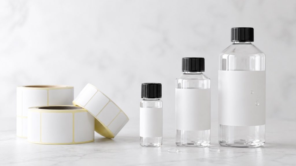 oil-resistant custom fragrance labels beside PET fragrance oil bottles