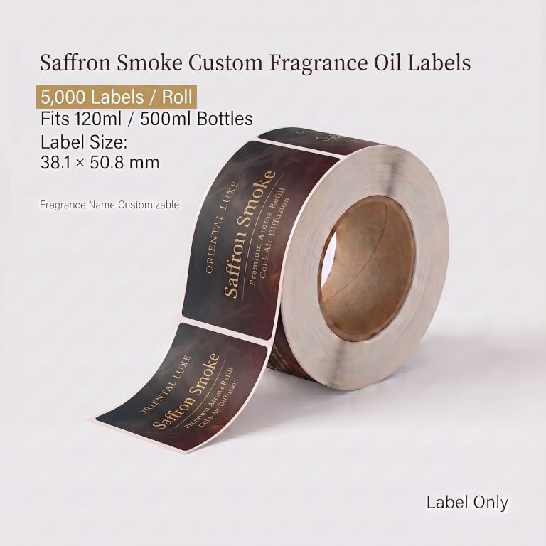Saffron Smoke custom fragrance oil labels roll, 5,000 labels per roll, fits 120ml and 500ml fragrance oil bottles