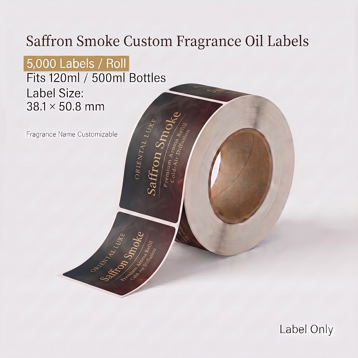 Saffron Smoke Custom Fragrance Oil Labels – 5,000 Labels per Roll Saffron Smoke custom fragrance oil labels roll, 5,000 labels per roll, fits 120ml and 500ml fragrance oil bottles
