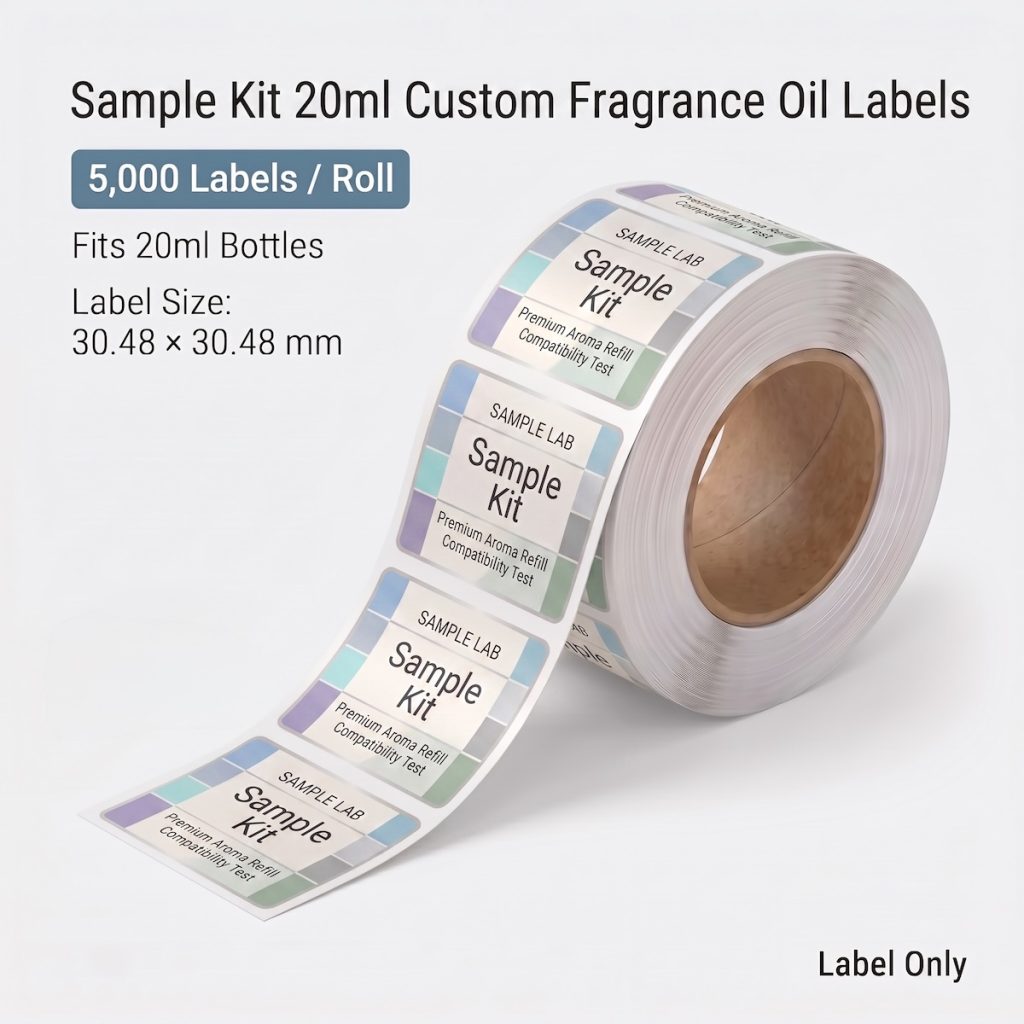 Sample Kit 20ml custom fragrance oil labels roll, 5,000 labels per roll, fits 20ml small fragrance oil bottles