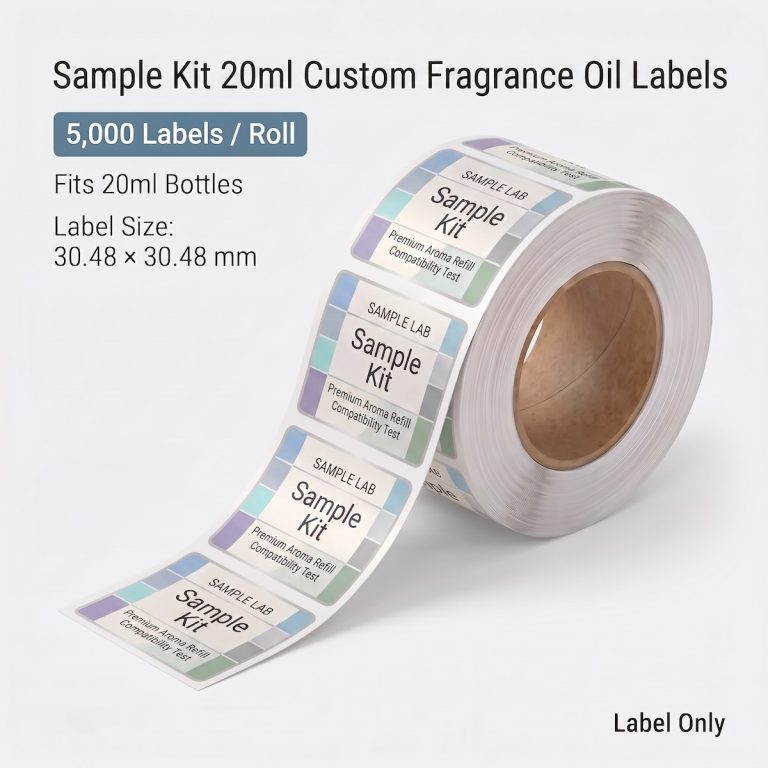 Sample Kit 20ml custom fragrance oil labels roll, 5,000 labels per roll, fits 20ml small fragrance oil bottles
