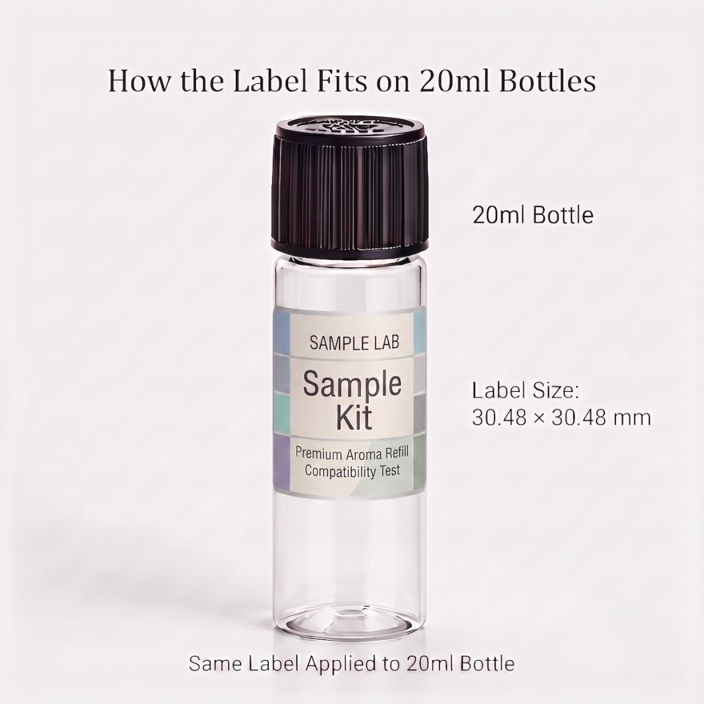 Sample Kit 20ml fragrance oil label fit on small bottle, label size 30.48 × 30.48 mm