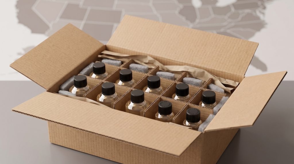 fragrance oil PET bottles packed securely in cartons for US shipping