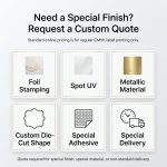 Special finish and custom quote options for custom fragrance oil labels, including foil stamping, spot UV, metallic material, custom die-cut shape, special adhesive, and special delivery