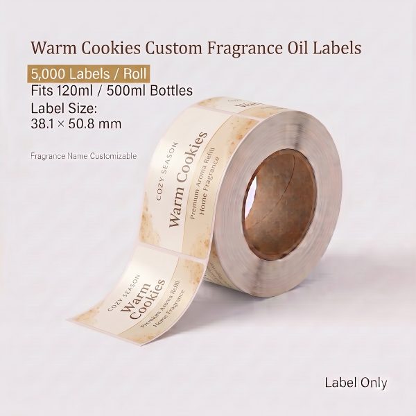 Warm Cookies custom fragrance oil labels roll, 5,000 labels per roll, fits 120ml and 500ml fragrance oil bottles