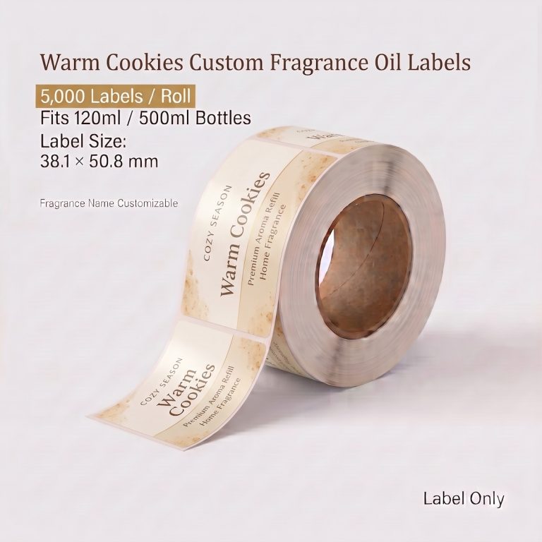 Warm Cookies custom fragrance oil labels roll, 5,000 labels per roll, fits 120ml and 500ml fragrance oil bottles