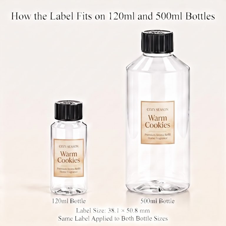 Warm Cookies fragrance oil label fit comparison on 120ml and 500ml bottles, label size 38.1 × 50.8 mm