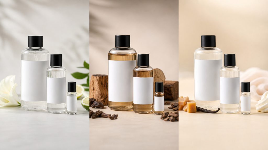 clean woody and gourmand scent direction packaging with PET bottles and custom labels