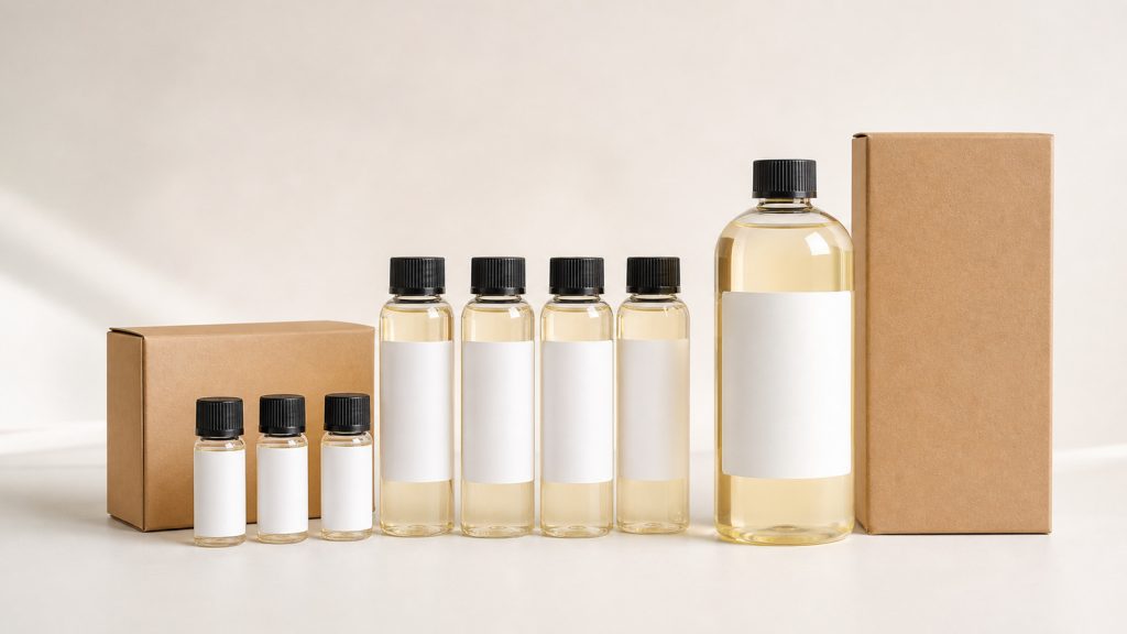 fragrance oil refill business packaging with PET bottles caps labels and cartons