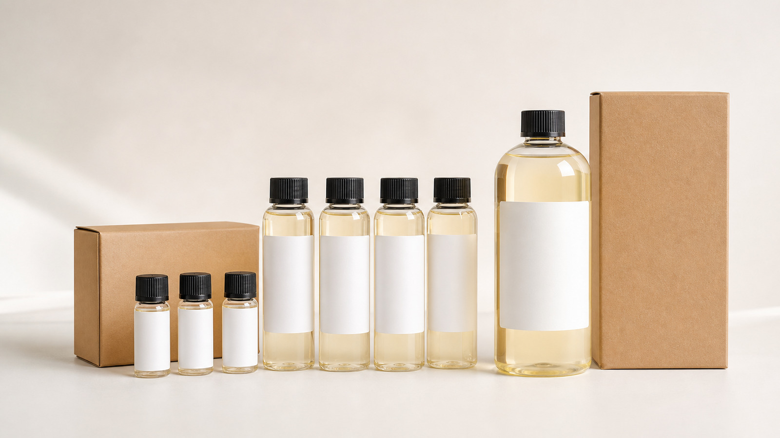 fragrance oil refill business packaging with PET bottles caps labels and cartons