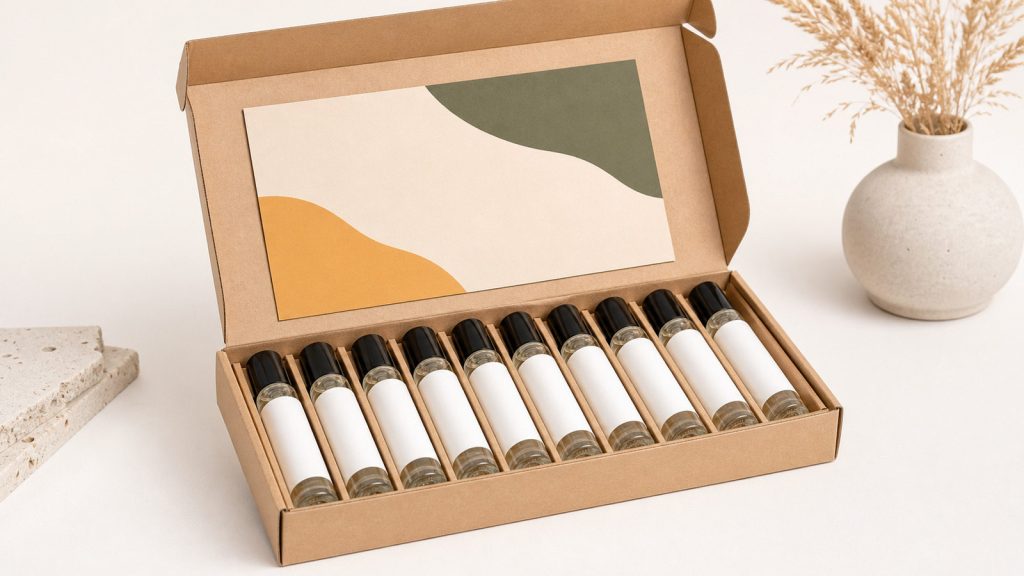 fragrance sample kit with 20ml PET sample bottles and custom labels