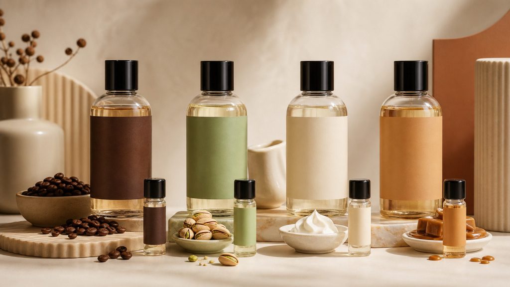 gourmand fragrance directions coffee pistachio milk caramel in PET refill bottles