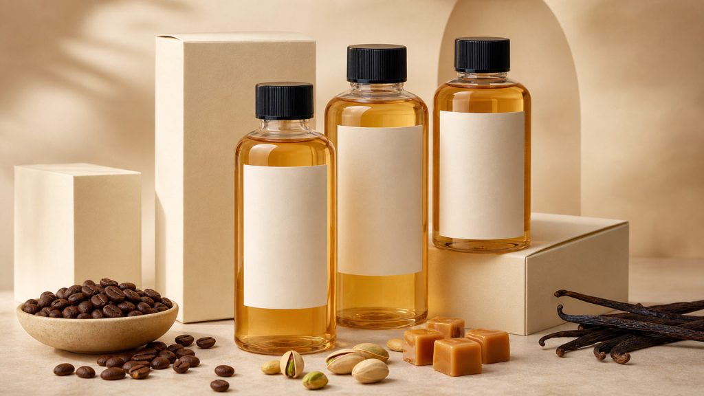 gourmand scents in PET fragrance refill bottles with custom labels