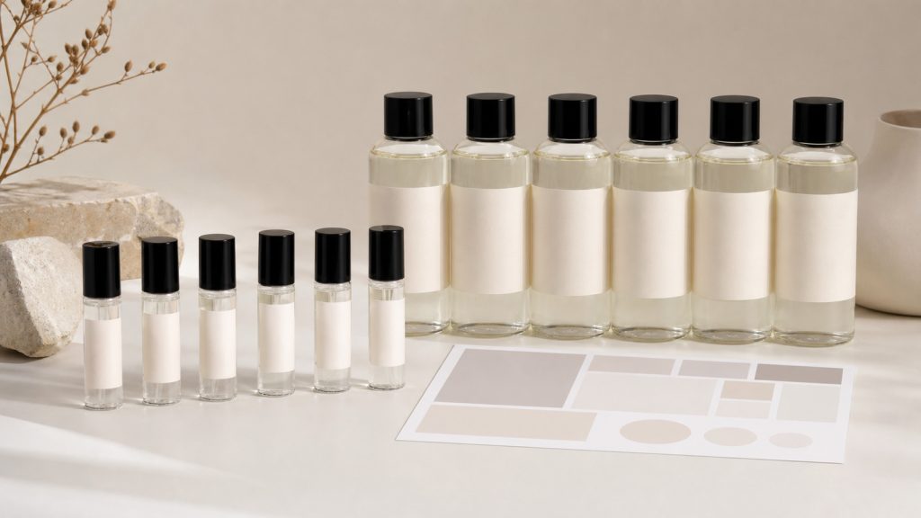 new fragrance brand launch with sample bottles retail refills and custom labels