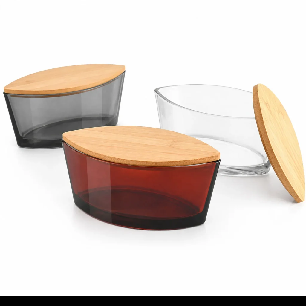 770ml boat-shaped glass candle jars with bamboo lids in three colors