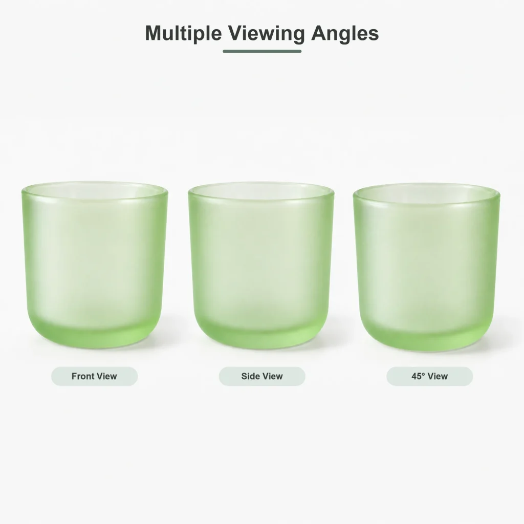 Multiple views of 12 oz colored frosted glass candle jar