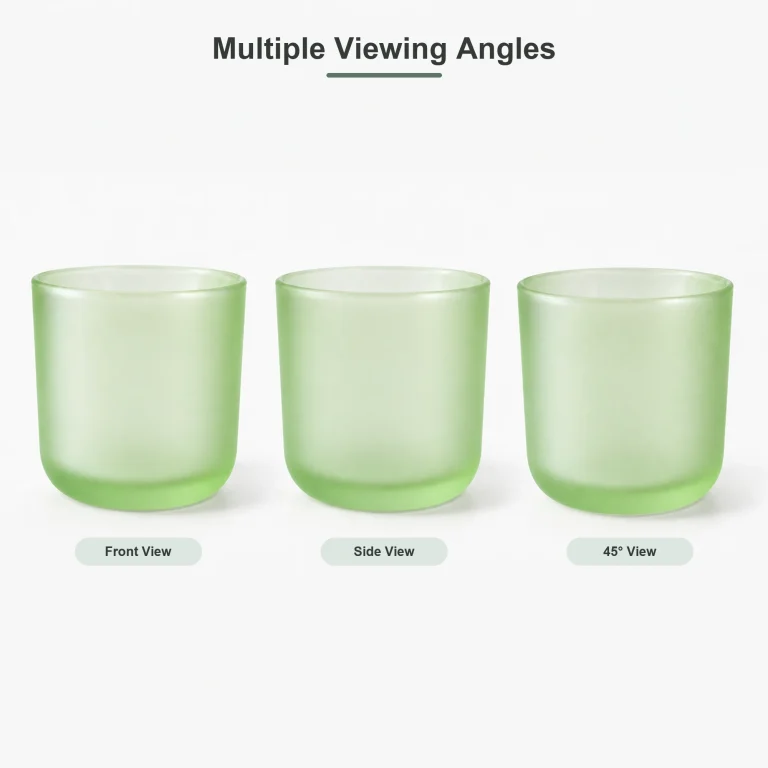 Multiple views of 12 oz colored frosted glass candle jar