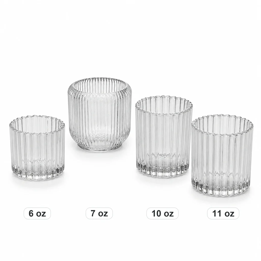 Clear ribbed glass candle jars in 6 oz, 7 oz, 10 oz and 11 oz sizes