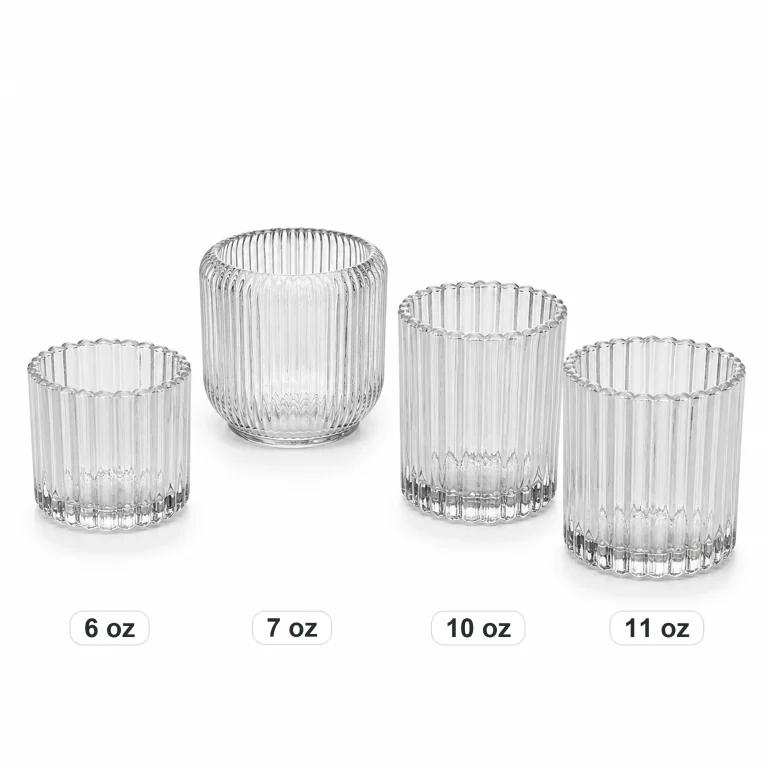 Clear ribbed glass candle jars in 6 oz, 7 oz, 10 oz and 11 oz sizes