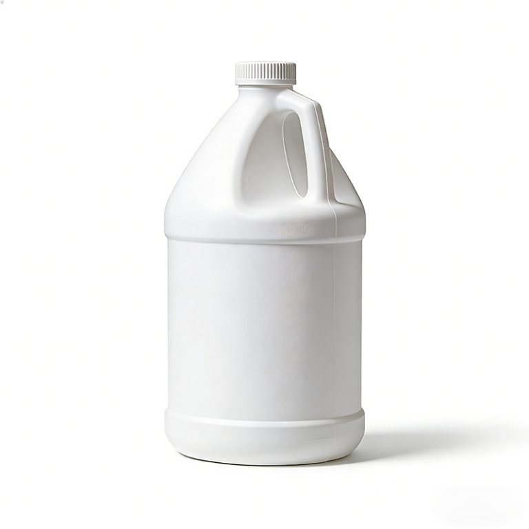 Side and rear view of white 1 gallon HDPE jug with handle